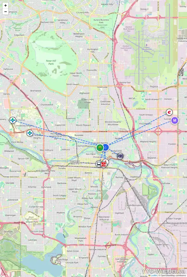 Daily accessibility map for 328 5 AV NE, Calgary showing nearby schools, grocery stores, parks, LRT stations and nearby amenities