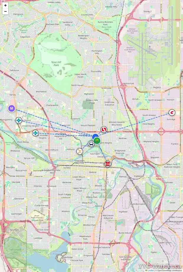 Daily accessibility map for 406 12 AV NW, Calgary showing nearby schools, grocery stores, parks, LRT stations and nearby amenities