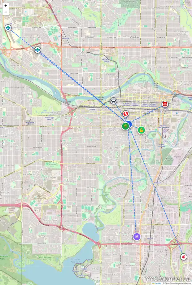 Daily accessibility map for 609 1500 7 ST SW, Calgary showing nearby schools, grocery stores, parks, LRT stations and nearby amenities