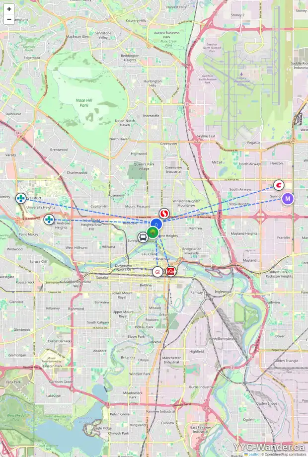 Daily accessibility map for 226 13 AV NW, Calgary showing nearby schools, grocery stores, parks, LRT stations and nearby amenities