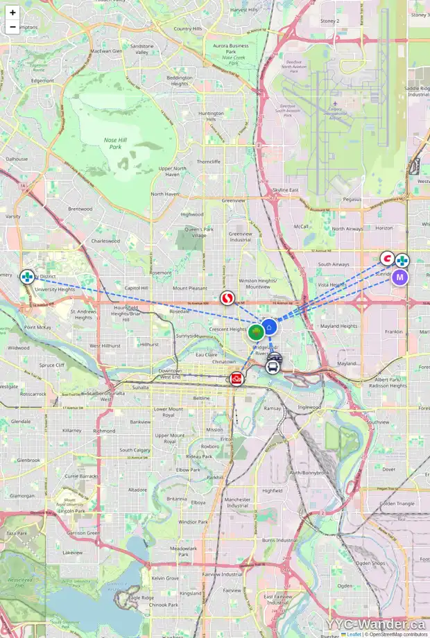 Daily accessibility map for 842 RADFORD RD NE, Calgary showing nearby schools, grocery stores, parks, LRT stations and nearby amenities