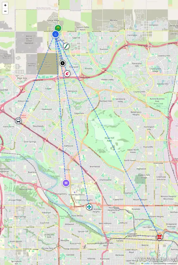 Daily accessibility map for 35 NOLANLAKE VW NW, Calgary showing nearby schools, grocery stores, parks, LRT stations and nearby amenities