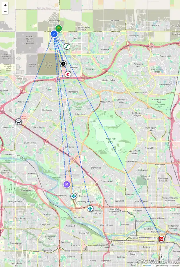 Daily accessibility map for 939 NOLAN HILL BV NW, Calgary showing nearby schools, grocery stores, parks, LRT stations and nearby amenities