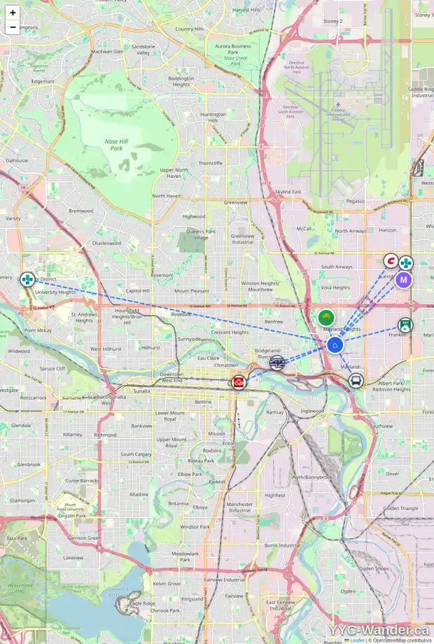 Daily accessibility map for 608 MARIPOSA PL NE, Calgary showing nearby schools, grocery stores, parks, LRT stations and nearby amenities