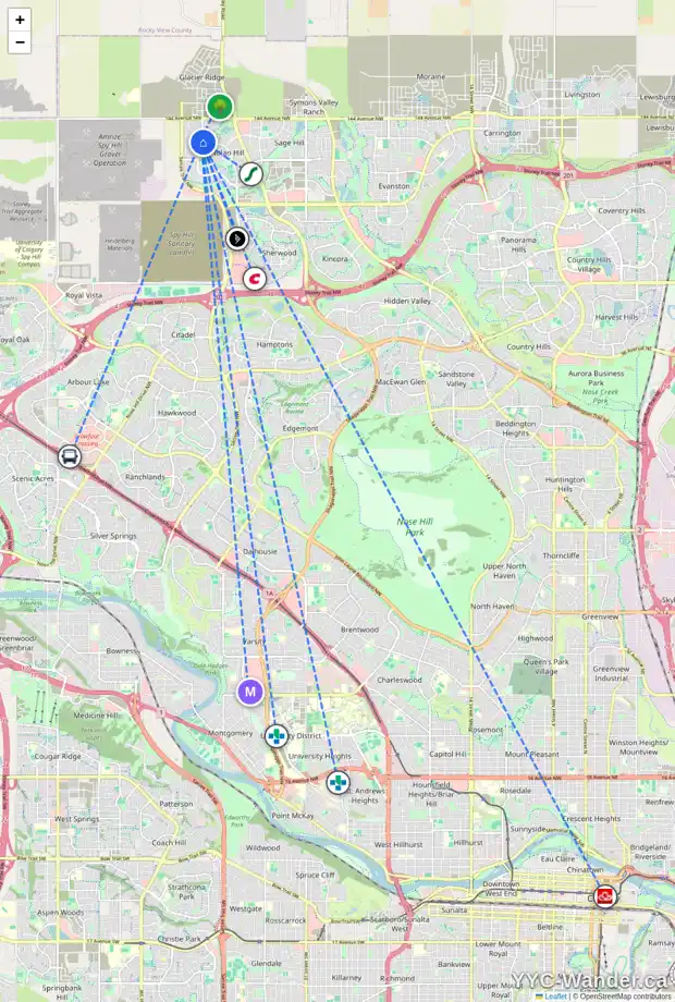 Daily accessibility map for 737 NOLAN HILL BV NW, Calgary showing nearby schools, grocery stores, parks, LRT stations and nearby amenities