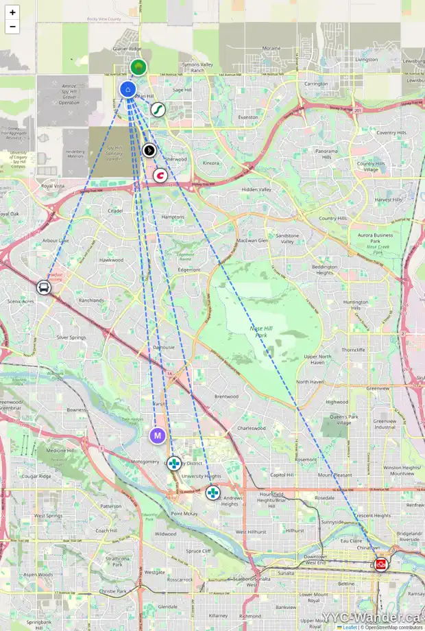 Daily accessibility map for 741 NOLAN HILL BV NW, Calgary showing nearby schools, grocery stores, parks, LRT stations and nearby amenities