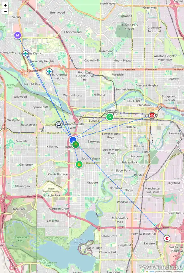 Daily accessibility map for 2326 21 AV SW, Calgary showing nearby schools, grocery stores, parks, LRT stations and nearby amenities