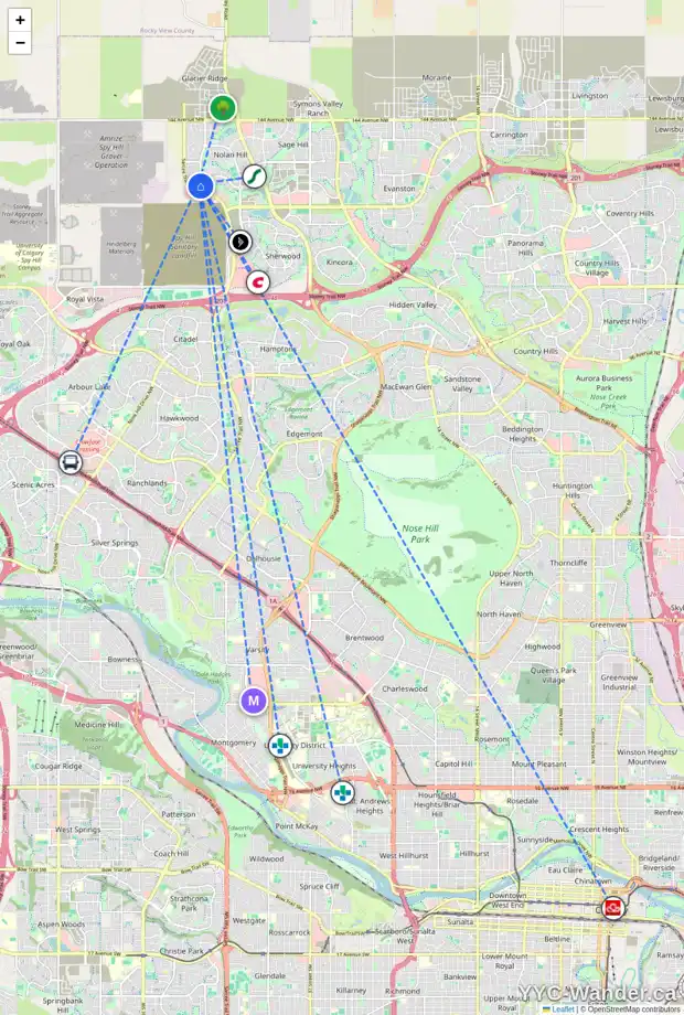 Daily accessibility map for 150 NOLANCLIFF CR NW, Calgary showing nearby schools, grocery stores, parks, LRT stations and nearby amenities