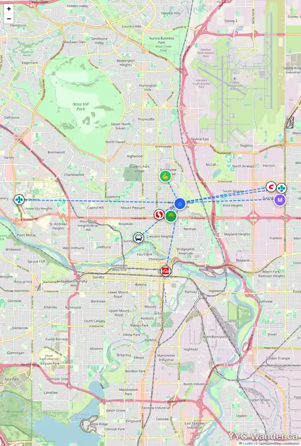 Daily accessibility map for 633 23 AV NE, Calgary showing nearby schools, grocery stores, parks, LRT stations and nearby amenities