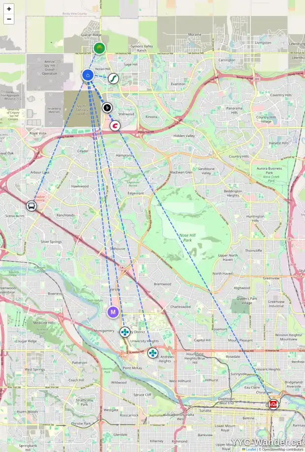 Daily accessibility map for 67 NOLANCREST CI NW, Calgary showing nearby schools, grocery stores, parks, LRT stations and nearby amenities