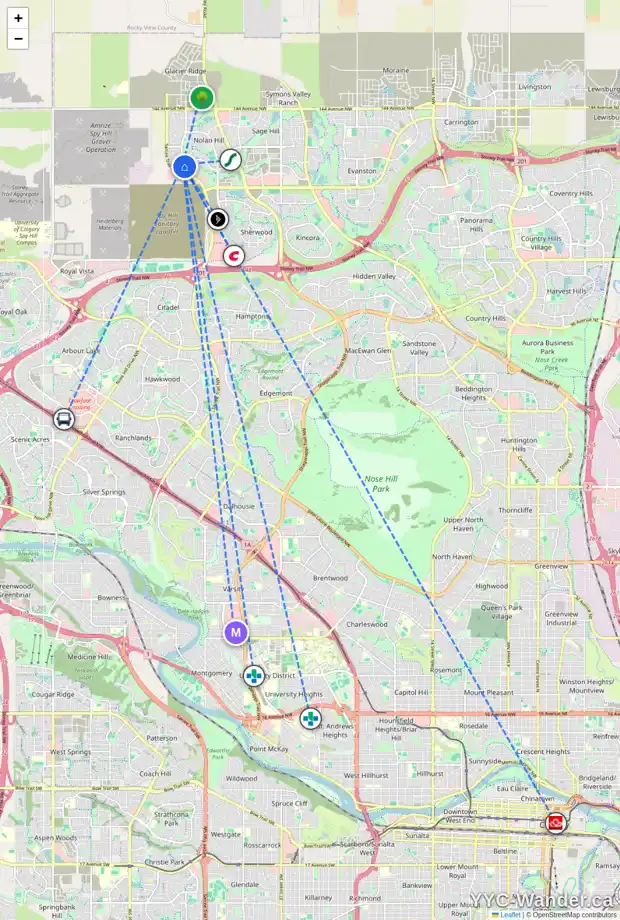 Daily accessibility map for 12 NOLANCLIFF PL NW, Calgary showing nearby schools, grocery stores, parks, LRT stations and nearby amenities
