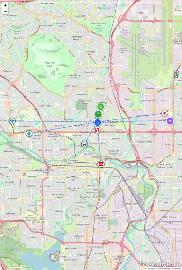 Daily accessibility map for 126 23 AV NE, Calgary showing nearby schools, grocery stores, parks, LRT stations and nearby amenities