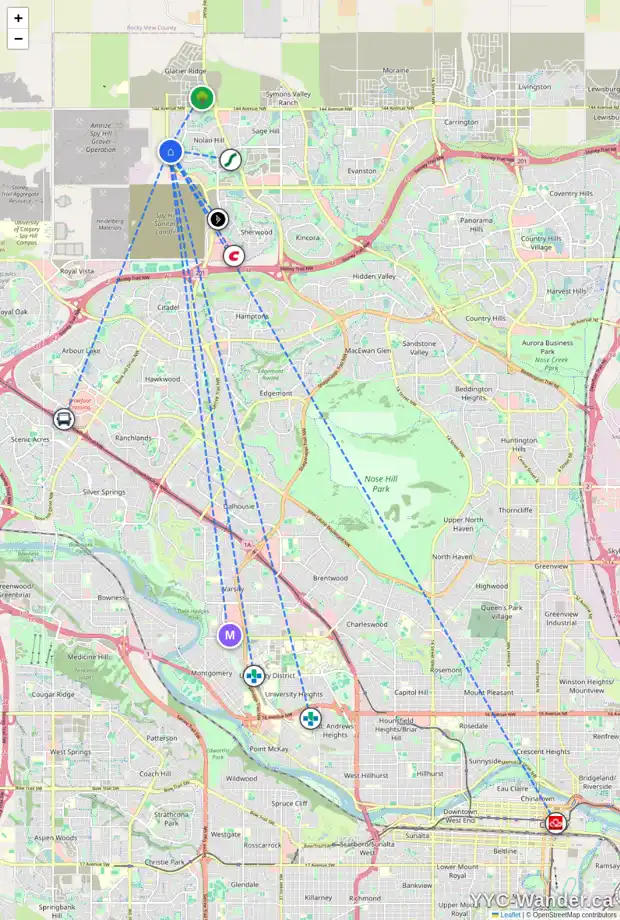 Daily accessibility map for 144 NOLANCREST CI NW, Calgary showing nearby schools, grocery stores, parks, LRT stations and nearby amenities