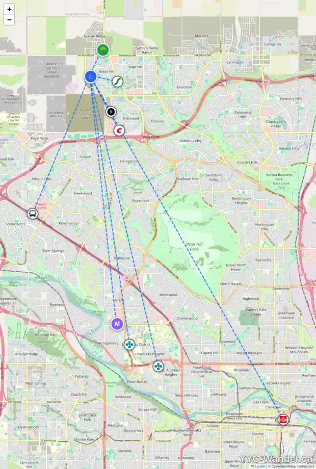Daily accessibility map for 68 NOLANCREST CI NW, Calgary showing nearby schools, grocery stores, parks, LRT stations and nearby amenities