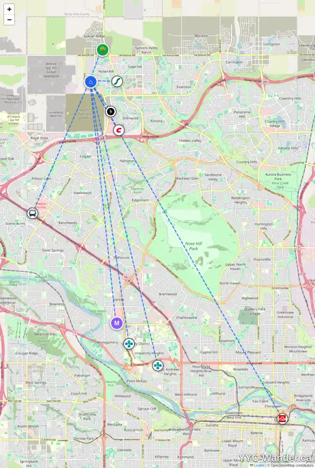 Daily accessibility map for 224 NOLANCLIFF CR NW, Calgary showing nearby schools, grocery stores, parks, LRT stations and nearby amenities