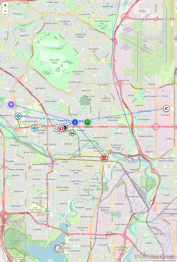 Daily accessibility map for 1227 20 AV NW, Calgary showing nearby schools, grocery stores, parks, LRT stations and nearby amenities
