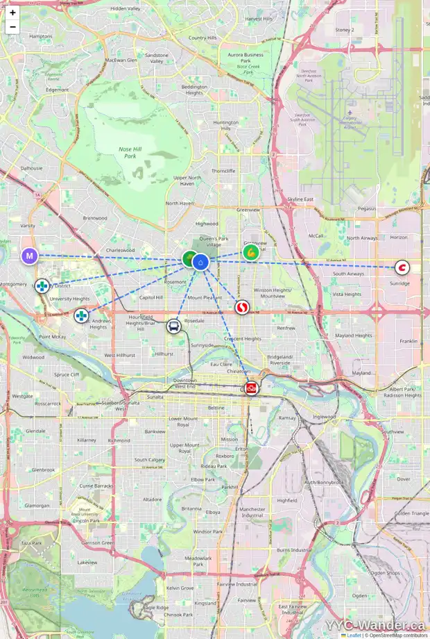Daily accessibility map for 901 32 AV NW, Calgary showing nearby schools, grocery stores, parks, LRT stations and nearby amenities