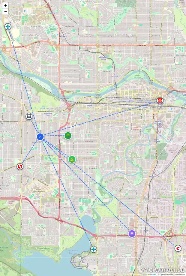 Daily accessibility map for 1 2423 29 ST SW, Calgary showing nearby schools, grocery stores, parks, LRT stations and nearby amenities