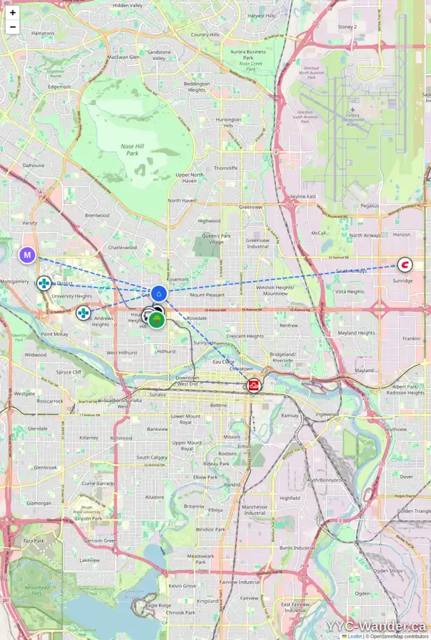Daily accessibility map for 2204 16 ST NW, Calgary showing nearby schools, grocery stores, parks, LRT stations and nearby amenities