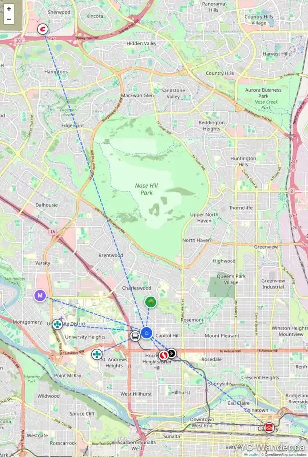 Daily accessibility map for 2348 22 ST NW, Calgary showing nearby schools, grocery stores, parks, LRT stations and nearby amenities