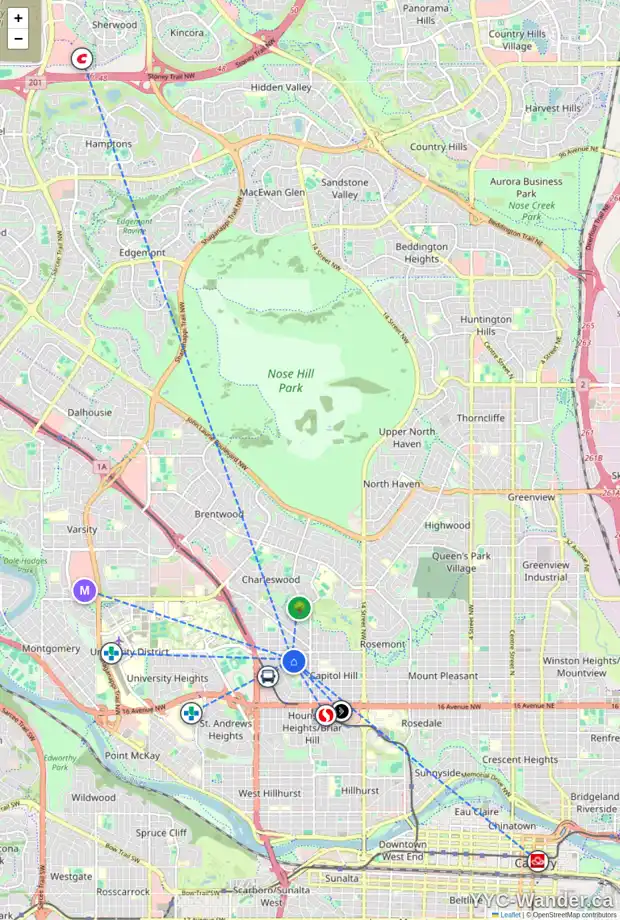Daily accessibility map for 2130 23 AV NW, Calgary showing nearby schools, grocery stores, parks, LRT stations and nearby amenities