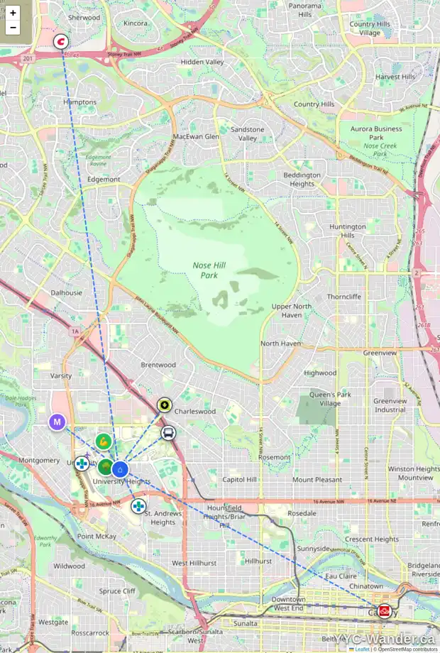 Daily accessibility map for 2416 ULRICH RD NW, Calgary showing nearby schools, grocery stores, parks, LRT stations and nearby amenities
