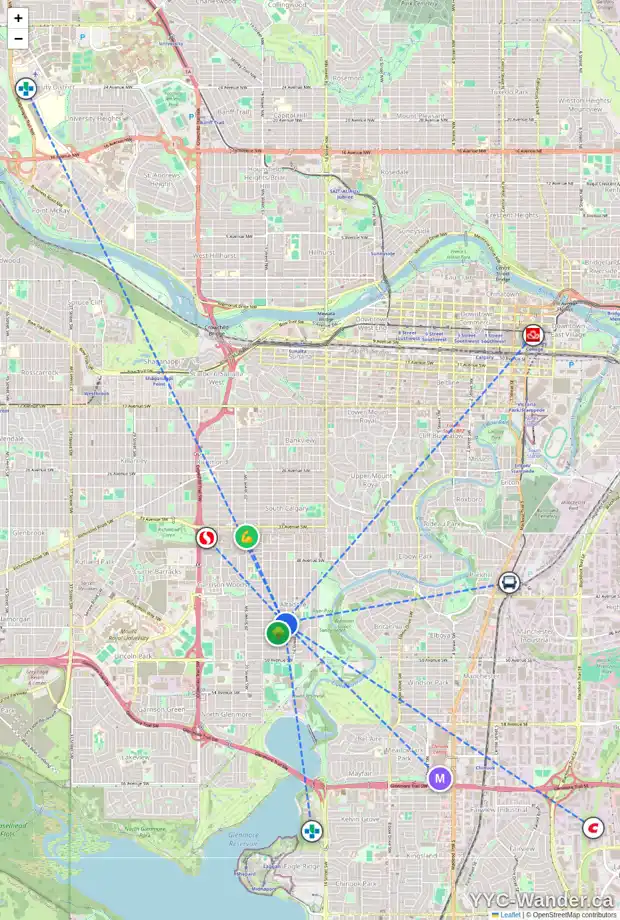 Daily accessibility map for 4611 16A ST SW, Calgary showing nearby schools, grocery stores, parks, LRT stations and nearby amenities