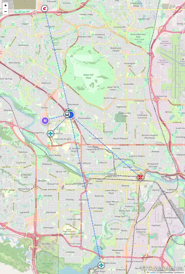 Daily accessibility map for 205 3830 BRENTWOOD RD NW, Calgary showing nearby schools, grocery stores, parks, LRT stations and nearby amenities