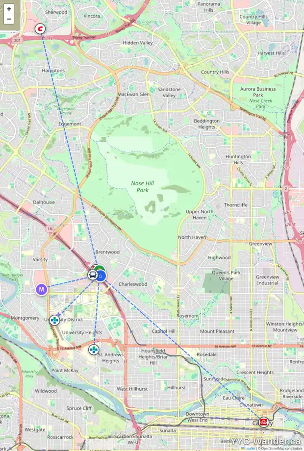 Daily accessibility map for 712 3830 BRENTWOOD RD NW, Calgary showing nearby schools, grocery stores, parks, LRT stations and nearby amenities