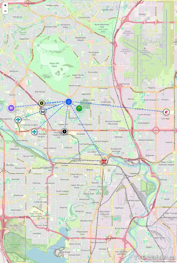 Daily accessibility map for 1507 CAYUGA DR NW, Calgary showing nearby schools, grocery stores, parks, LRT stations and nearby amenities