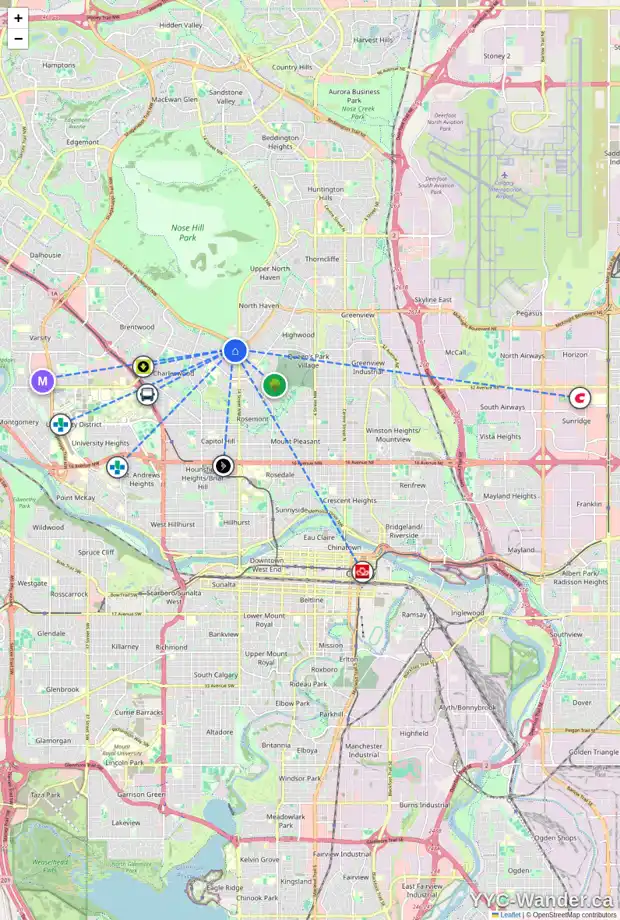 Daily accessibility map for 1624 CAYUGA DR NW, Calgary showing nearby schools, grocery stores, parks, LRT stations and nearby amenities