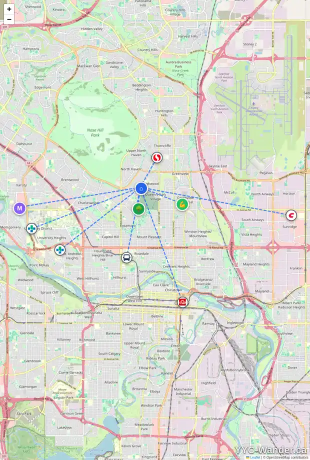 Daily accessibility map for 27 HUNTER ST NW, Calgary showing nearby schools, grocery stores, parks, LRT stations and nearby amenities