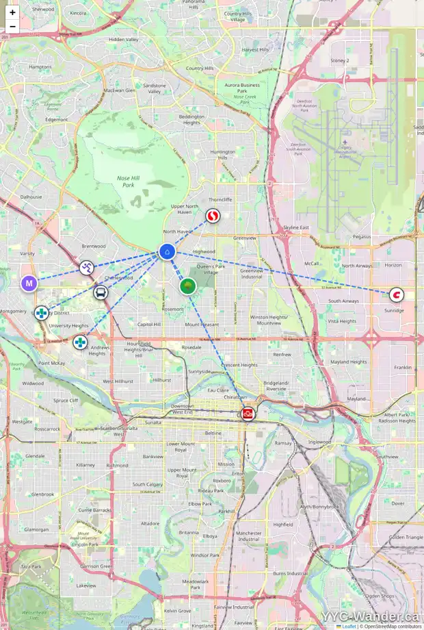 Daily accessibility map for 4516 NORTH HAVEN DR NW, Calgary showing nearby schools, grocery stores, parks, LRT stations and nearby amenities