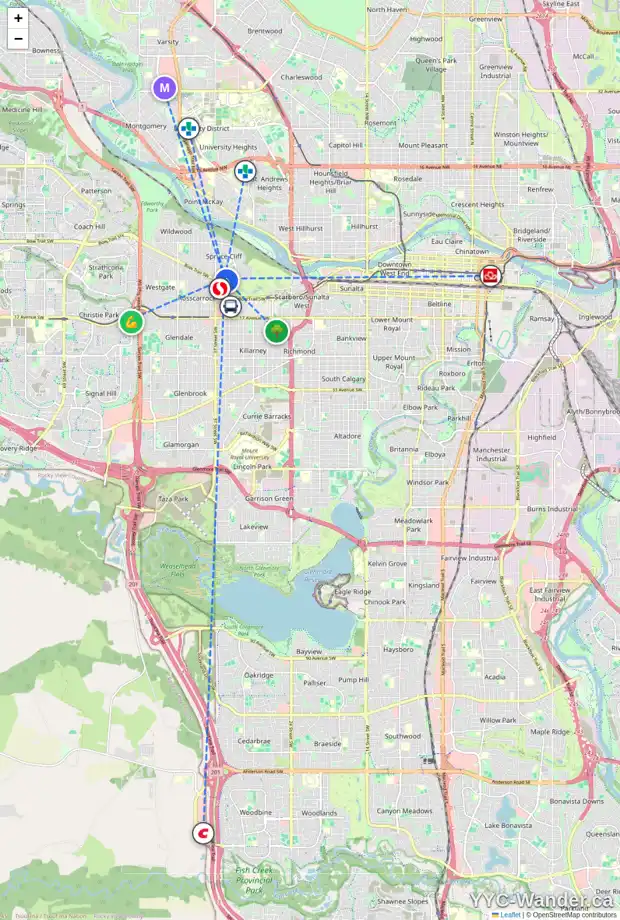 Daily accessibility map for 3518 8 AV SW, Calgary showing nearby schools, grocery stores, parks, LRT stations and nearby amenities
