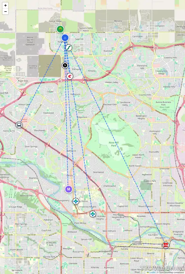 Daily accessibility map for 14 NOLAN HILL GA NW, Calgary showing nearby schools, grocery stores, parks, LRT stations and nearby amenities