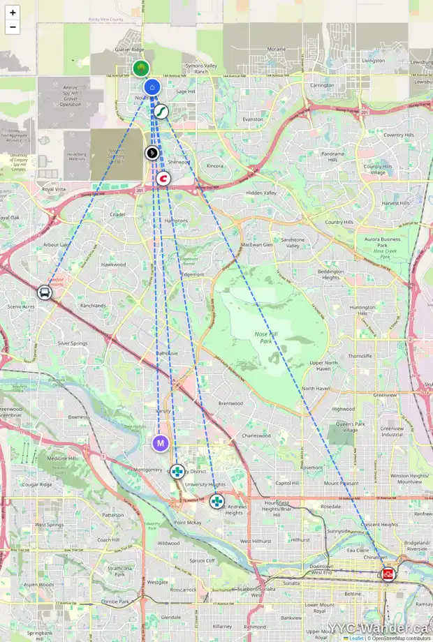 Daily accessibility map for 210 NOLANFIELD VI NW, Calgary showing nearby schools, grocery stores, parks, LRT stations and nearby amenities
