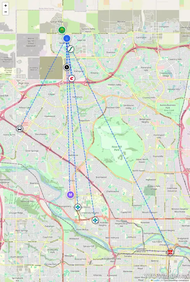 Daily accessibility map for 206 NOLANFIELD VI NW, Calgary showing nearby schools, grocery stores, parks, LRT stations and nearby amenities