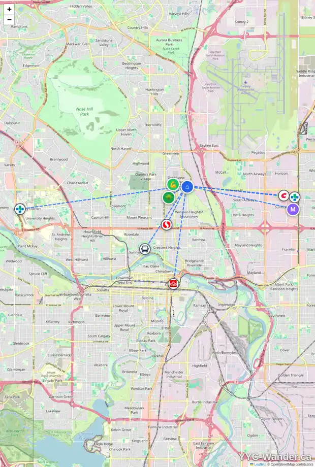 Daily accessibility map for 627 34 AV NE, Calgary showing nearby schools, grocery stores, parks, LRT stations and nearby amenities