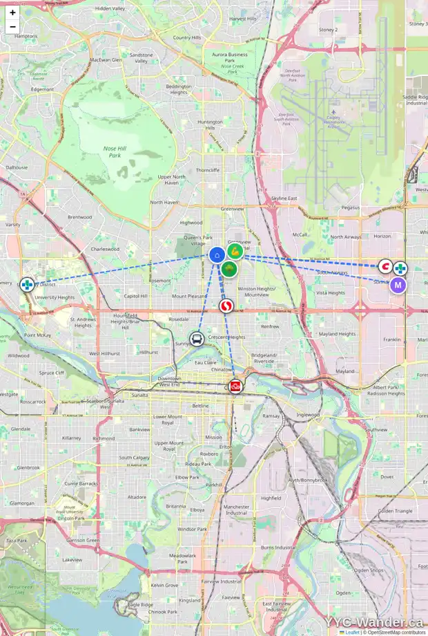 Daily accessibility map for 3415 1 ST NW, Calgary showing nearby schools, grocery stores, parks, LRT stations and nearby amenities