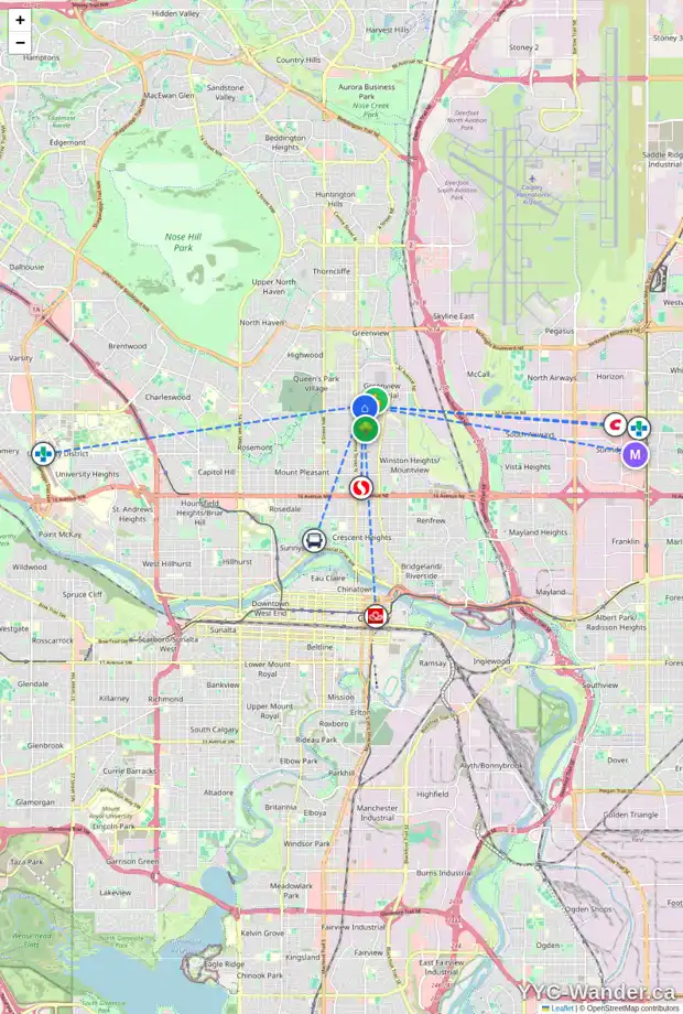 Daily accessibility map for 3412 CENTRE A ST NE, Calgary showing nearby schools, grocery stores, parks, LRT stations and nearby amenities