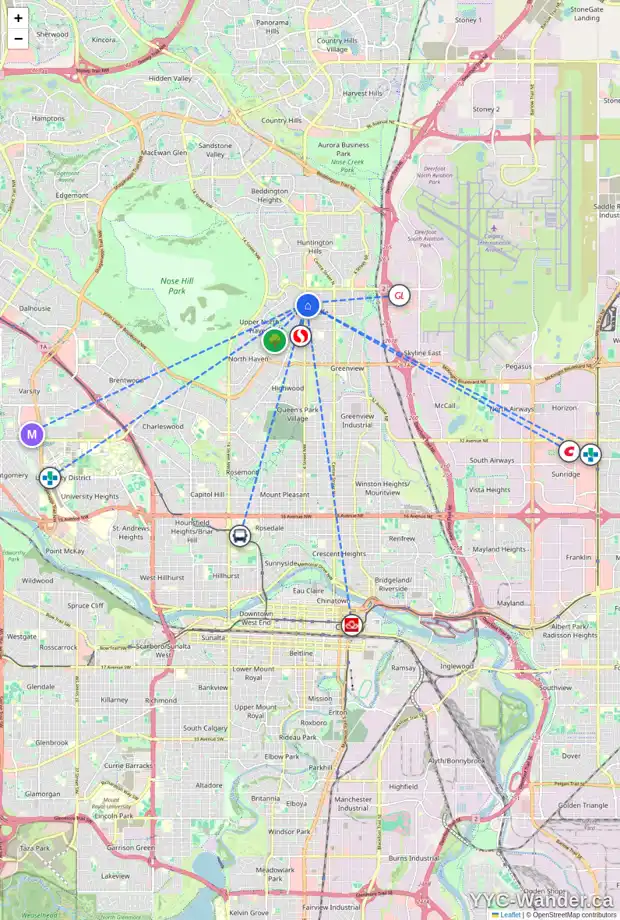Daily accessibility map for 451 TACHE AV NW, Calgary showing nearby schools, grocery stores, parks, LRT stations and nearby amenities