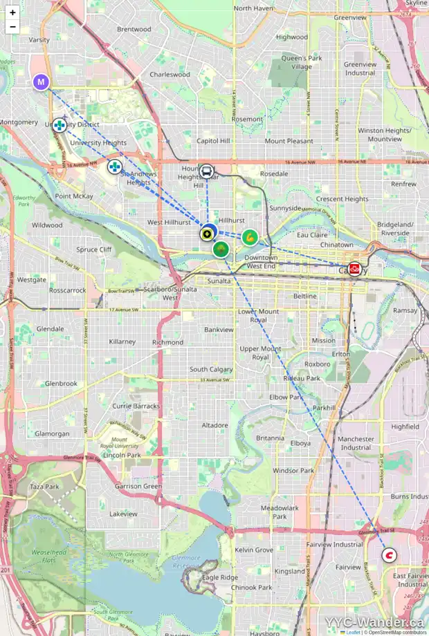 Daily accessibility map for 201 18 ST NW, Calgary showing nearby schools, grocery stores, parks, LRT stations and nearby amenities