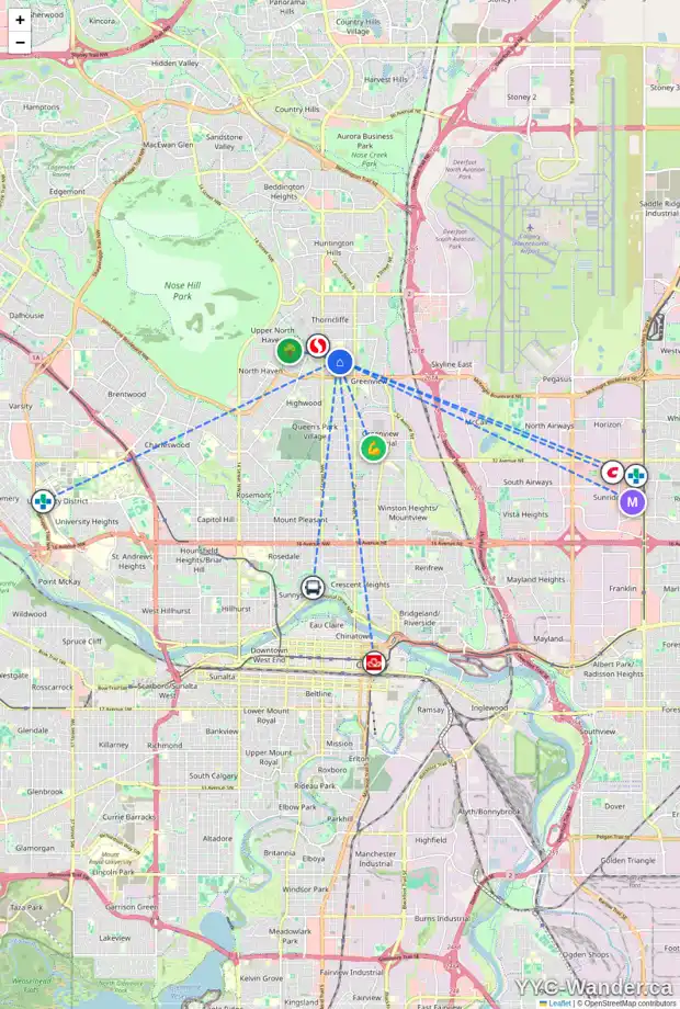 Daily accessibility map for 5324 THORNCLIFFE DR NW, Calgary showing nearby schools, grocery stores, parks, LRT stations and nearby amenities