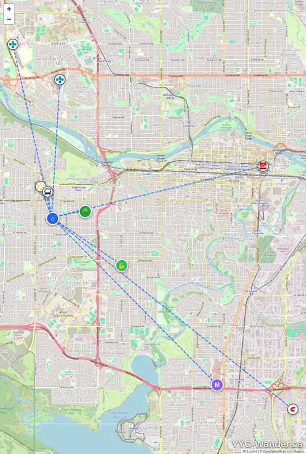 Daily accessibility map for 2220 33 ST SW, Calgary showing nearby schools, grocery stores, parks, LRT stations and nearby amenities