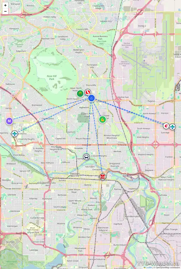 Daily accessibility map for 416 TRAFFORD DR NW, Calgary showing nearby schools, grocery stores, parks, LRT stations and nearby amenities