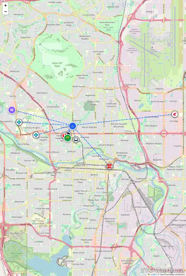 Daily accessibility map for 1507 22 AV NW, Calgary showing nearby schools, grocery stores, parks, LRT stations and nearby amenities