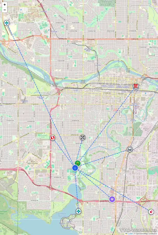 Daily accessibility map for 5001 16 ST SW, Calgary showing nearby schools, grocery stores, parks, LRT stations and nearby amenities