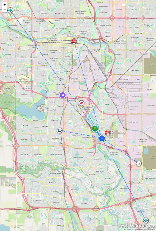Daily accessibility map for 36 QUARRY LN SE, Calgary showing nearby schools, grocery stores, parks, LRT stations and nearby amenities