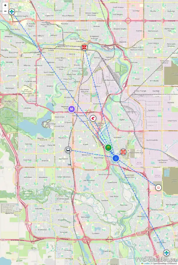 Daily accessibility map for 430 QUARRY WY SE, Calgary showing nearby schools, grocery stores, parks, LRT stations and nearby amenities