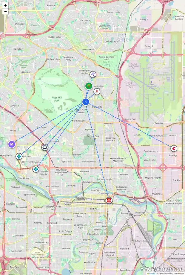 Daily accessibility map for 6619 HUNTSBAY RD NW, Calgary showing nearby schools, grocery stores, parks, LRT stations and nearby amenities